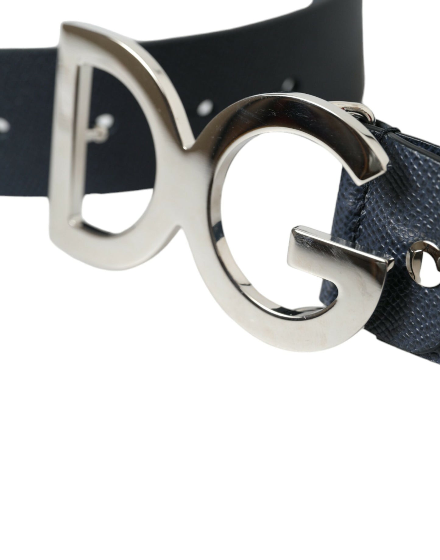 Blue Leather Silver Logo Metal Buckle Belt