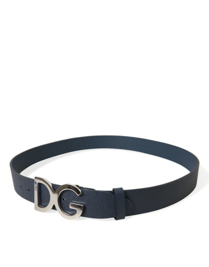 Blue Leather Silver Logo Metal Buckle Belt