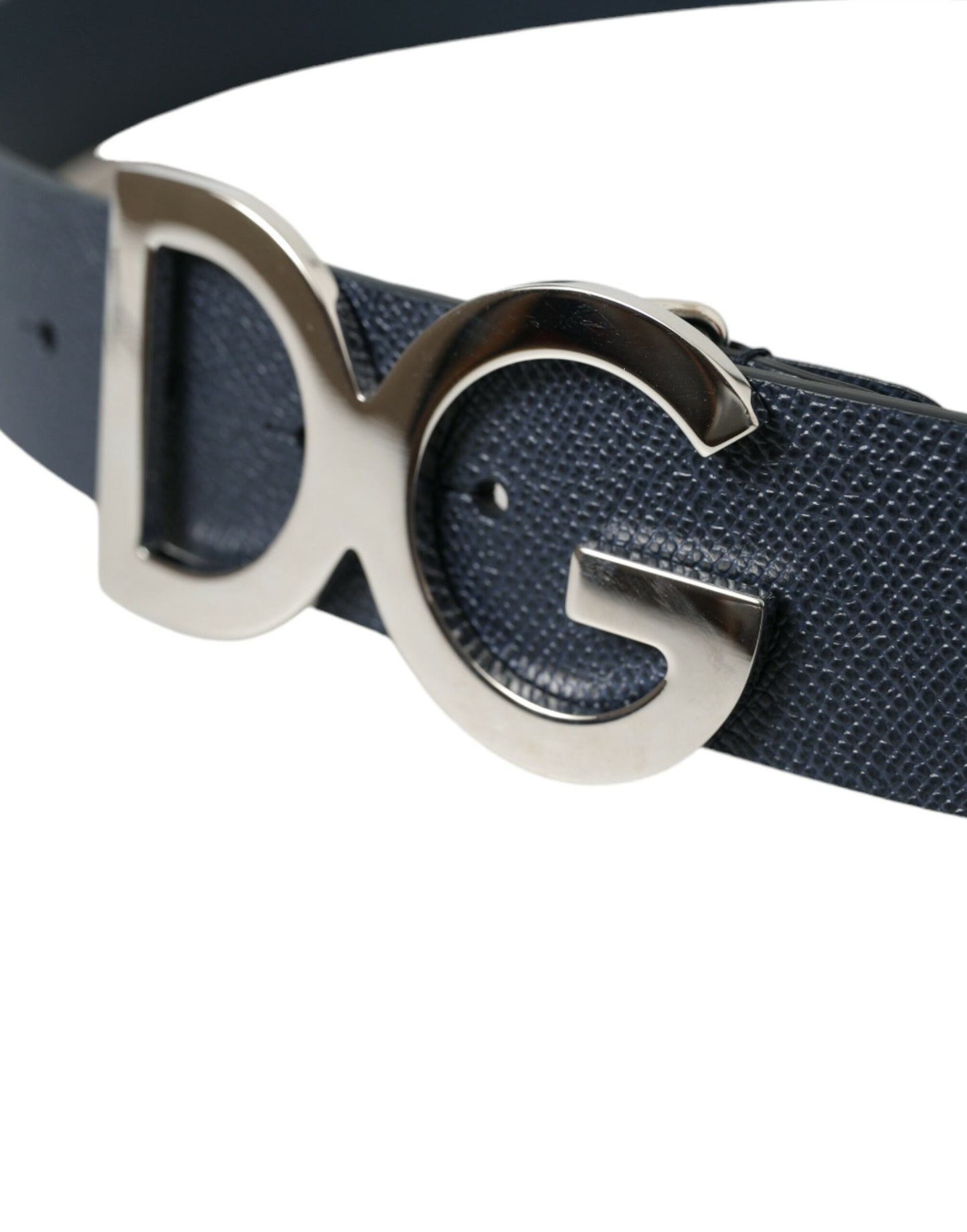 Blue Leather Silver Logo Metal Buckle Belt