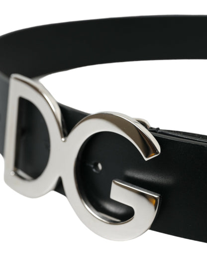 Black Leather Silver Logo Metal Buckle Belt