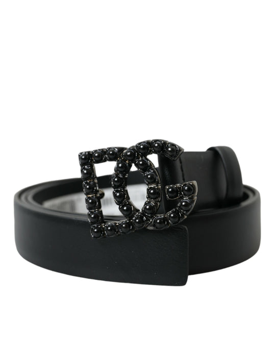 Black Calf Leather DG Crystal Buckle Belt