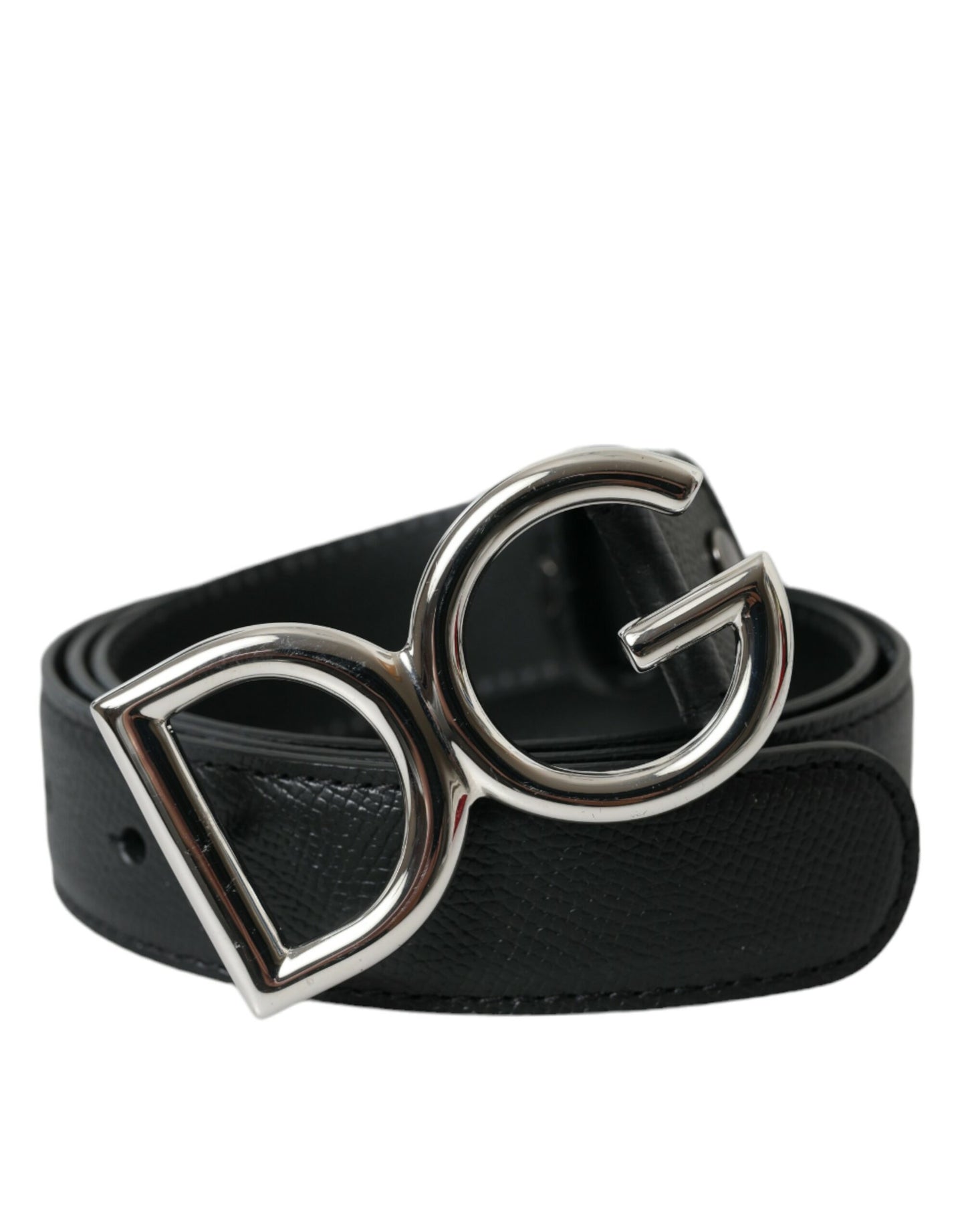 Black Leather Silver Metal Logo Buckle Belt