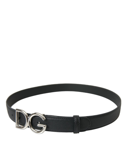 Black Leather Silver Metal Logo Buckle Belt