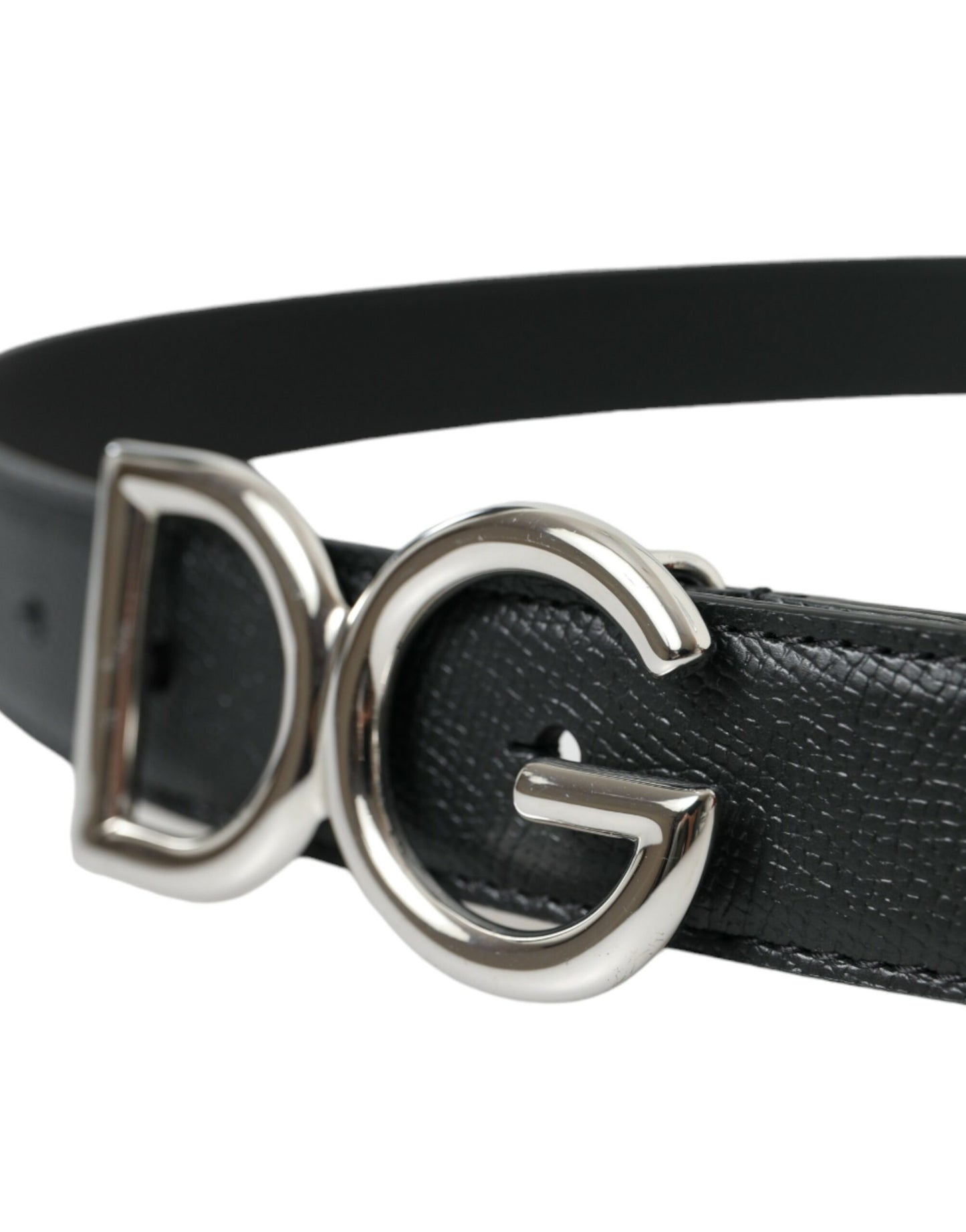 Black Leather Silver Metal Logo Buckle Belt