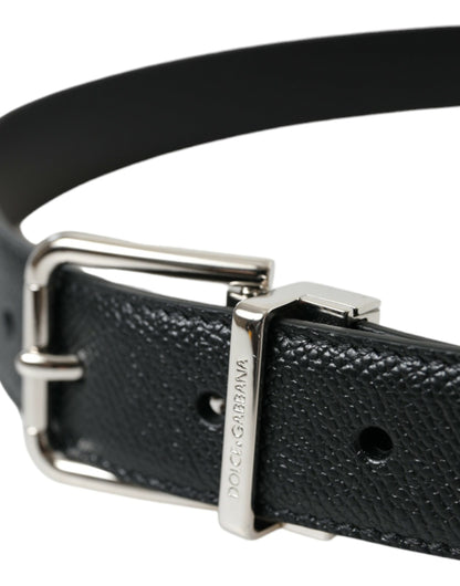 Black Calf Leather Silver Metal Buckle Belt