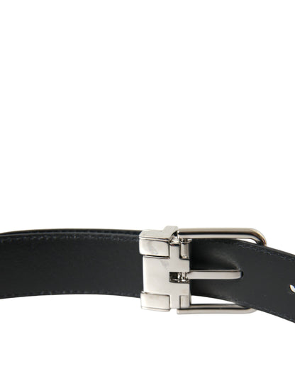 Black Calf Leather Silver Metal Buckle Belt