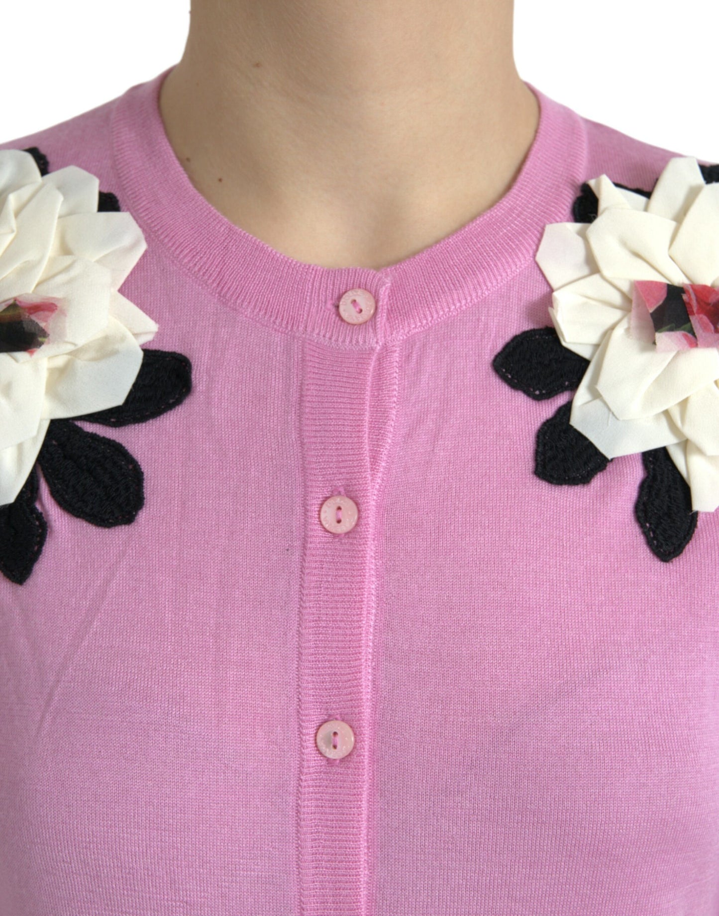 Pink Floral Crew Neck Button Cardigan Sweater