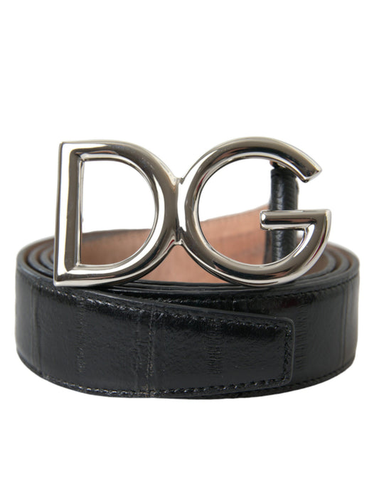 Black Leather Silver Logo Metal Buckle Belt