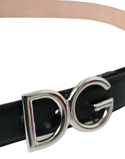 Black Leather Silver Logo Metal Buckle Belt