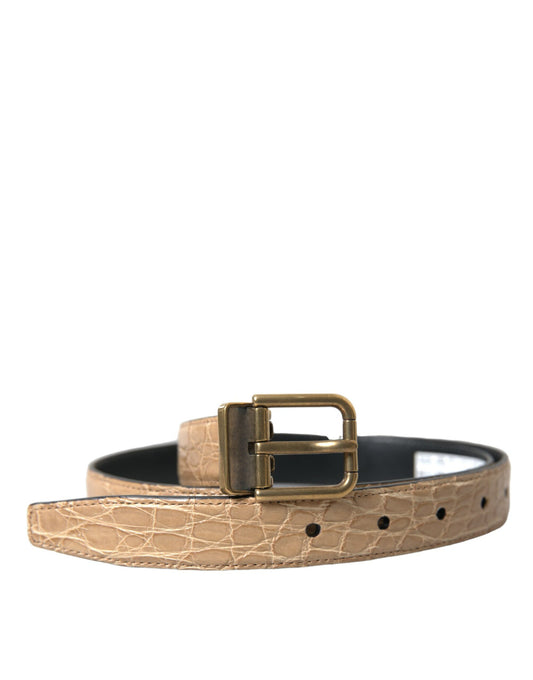 Beige Exotic Leather Gold Metal Buckle Belt