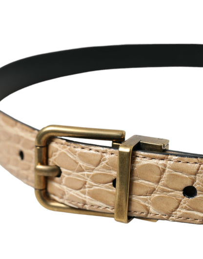 Beige Exotic Leather Gold Metal Buckle Belt