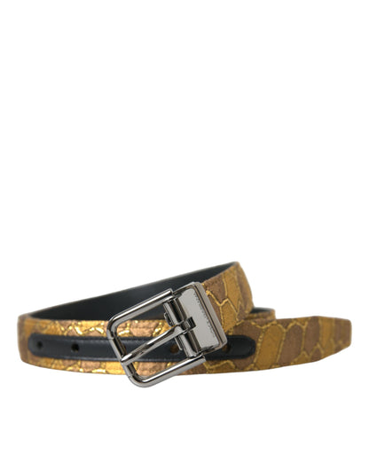 Gold Leather Jacquard Silver Metal Buckle Belt