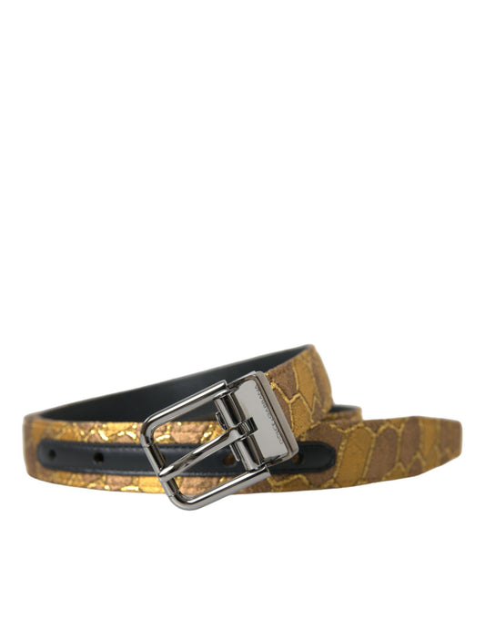 Gold Leather Jacquard Silver Metal Buckle Belt