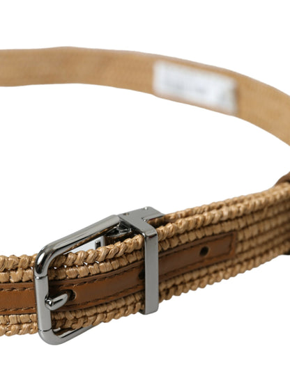 Beige Raffia Braided Silver Metal Buckle Belt