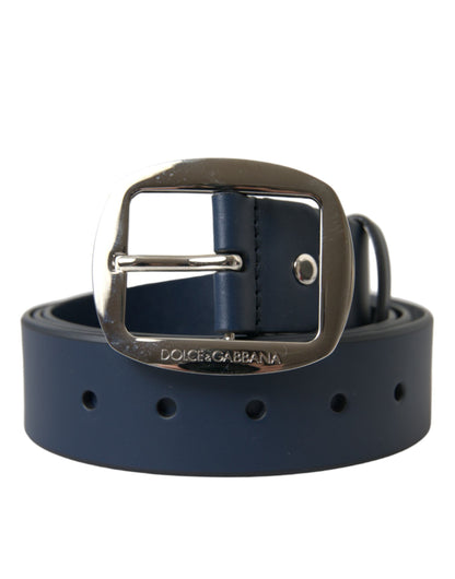 Blue Calf Leather Silver Metal Buckle Belt