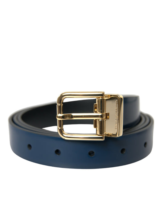 Blue Calf Leather Gold Metal Buckle Belt