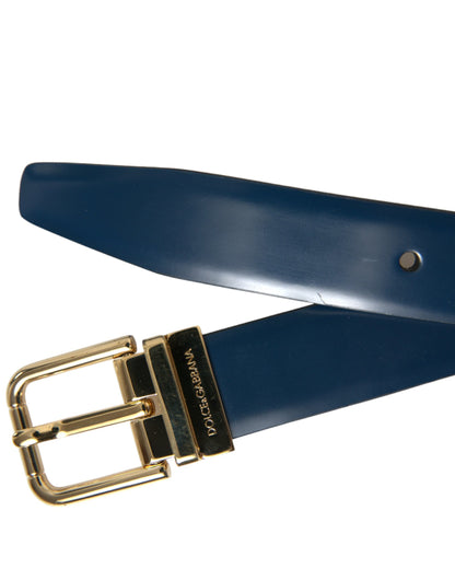 Blue Calf Leather Gold Metal Buckle Belt