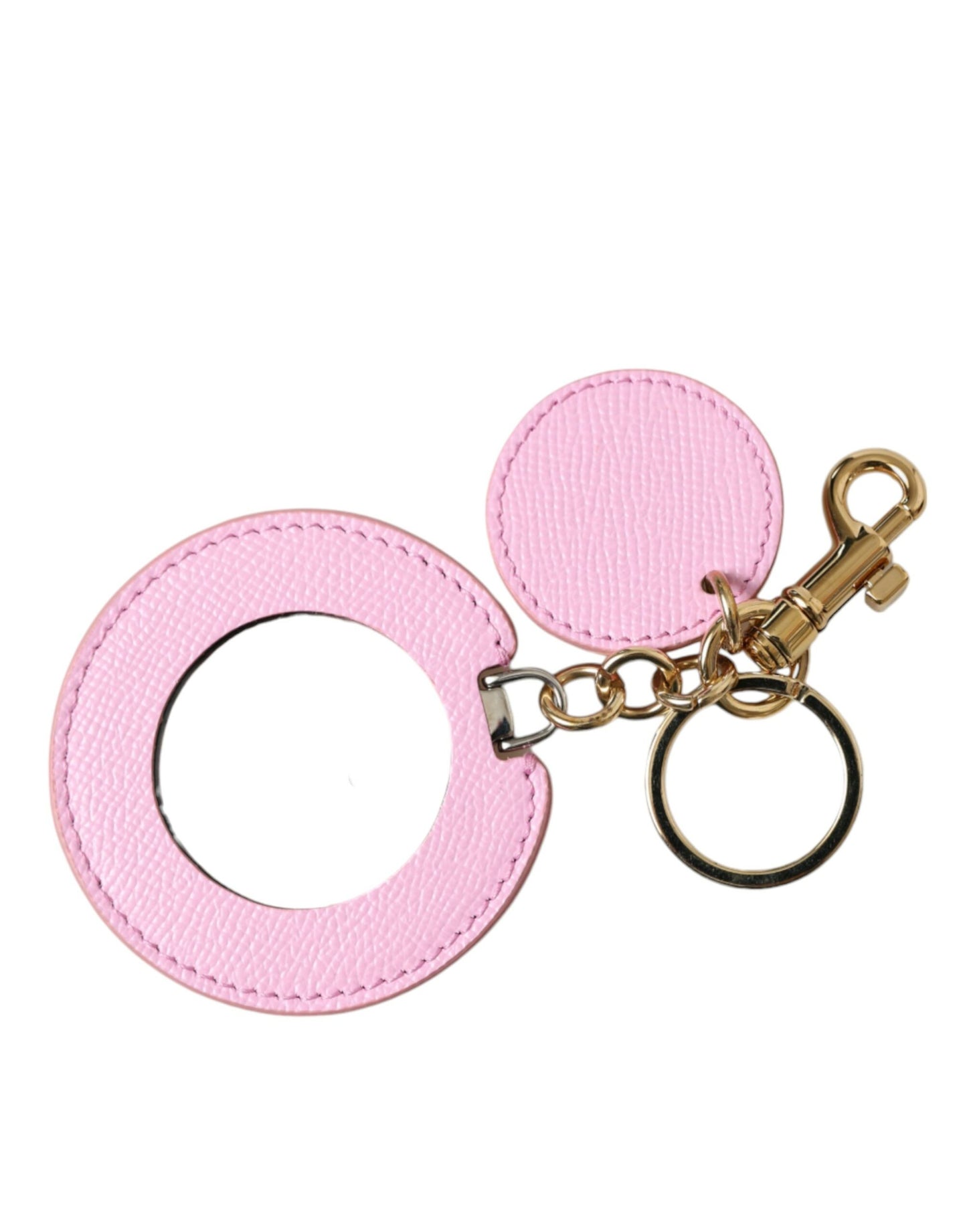 Pink Calf Leather Gold Metal Logo Print Keyring Keychain