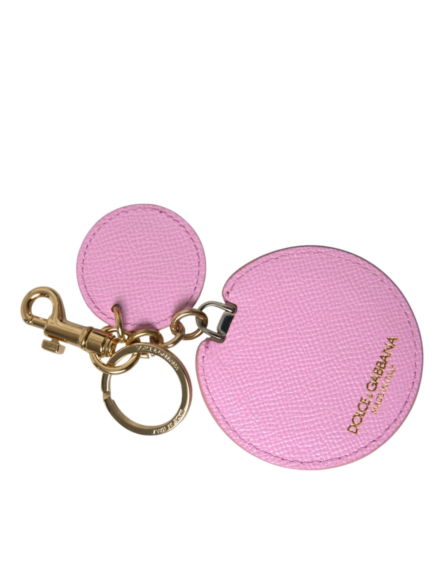 Pink Calf Leather Gold Metal Logo Print Keyring Keychain