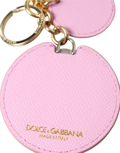 Pink Calf Leather Gold Metal Logo Print Keyring Keychain