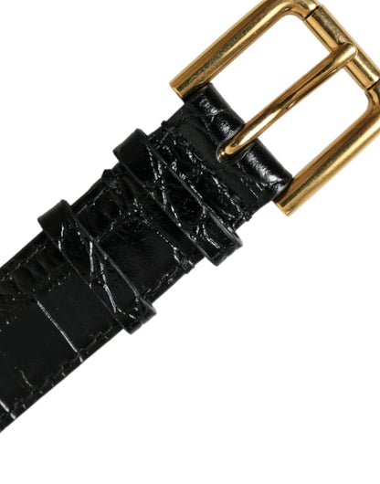 Black Textured Leather Gold Tone Metal Buckle Armband