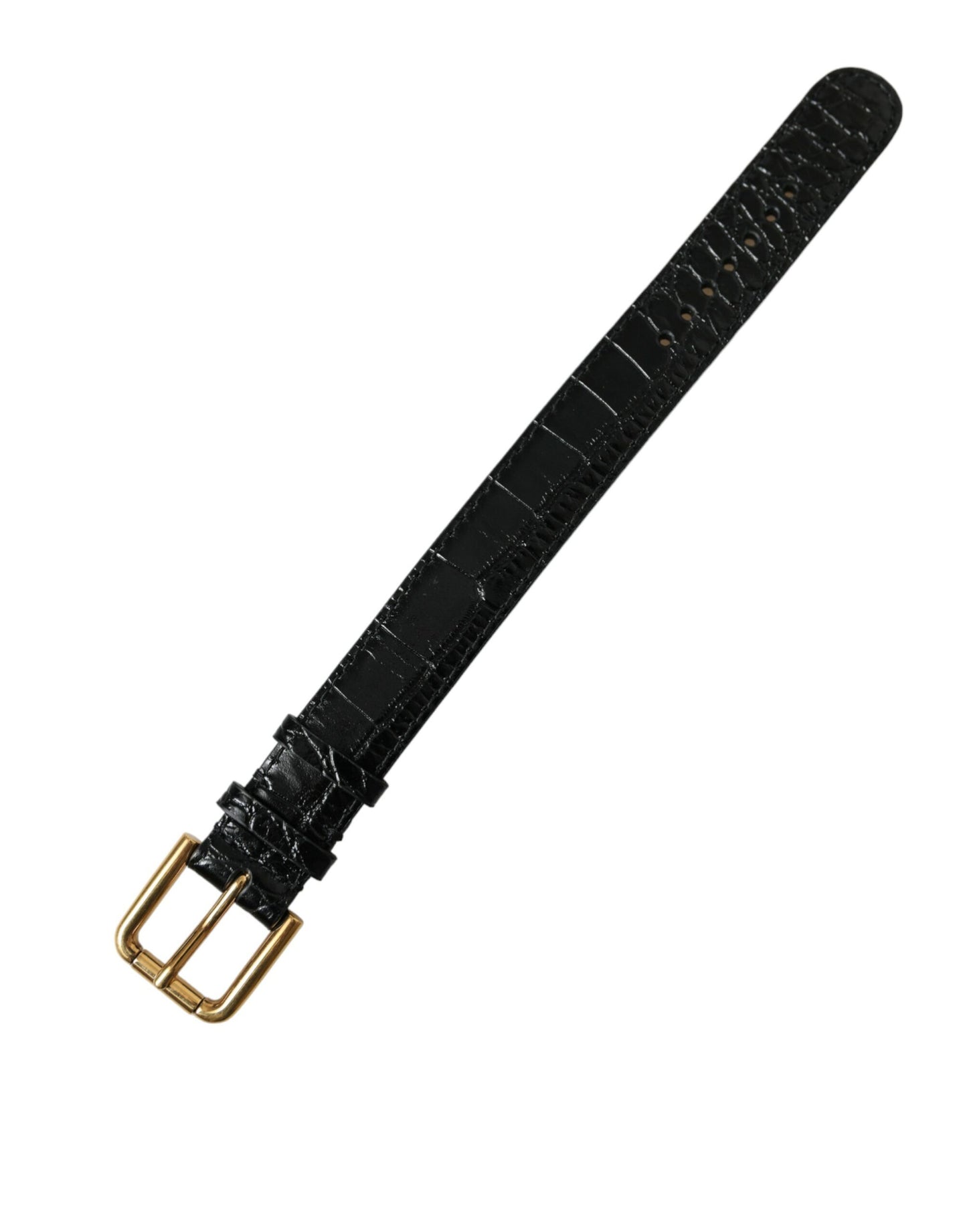 Black Textured Leather Gold Tone Metal Buckle Armband