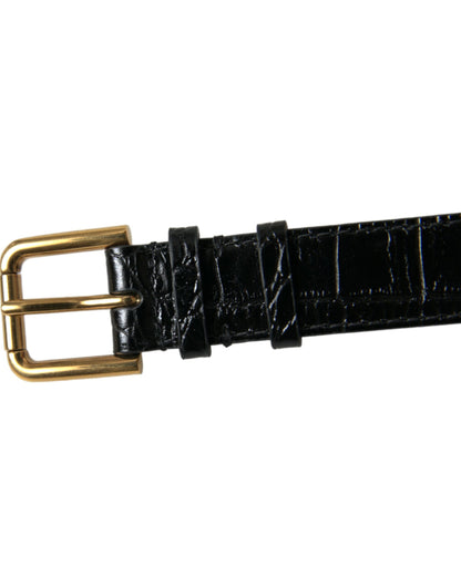 Black Textured Leather Gold Tone Metal Buckle Armband