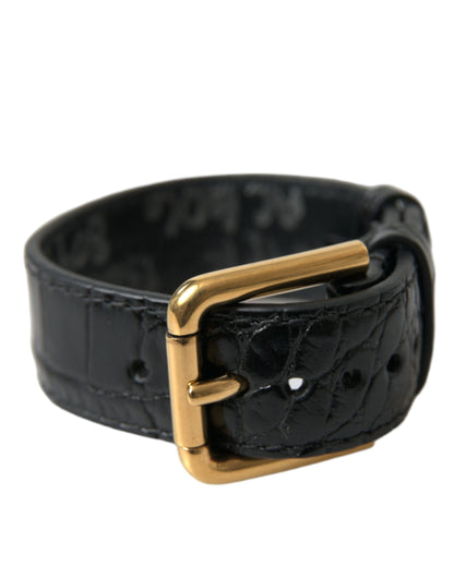 Black Textured Leather Gold Tone Metal Buckle Armband