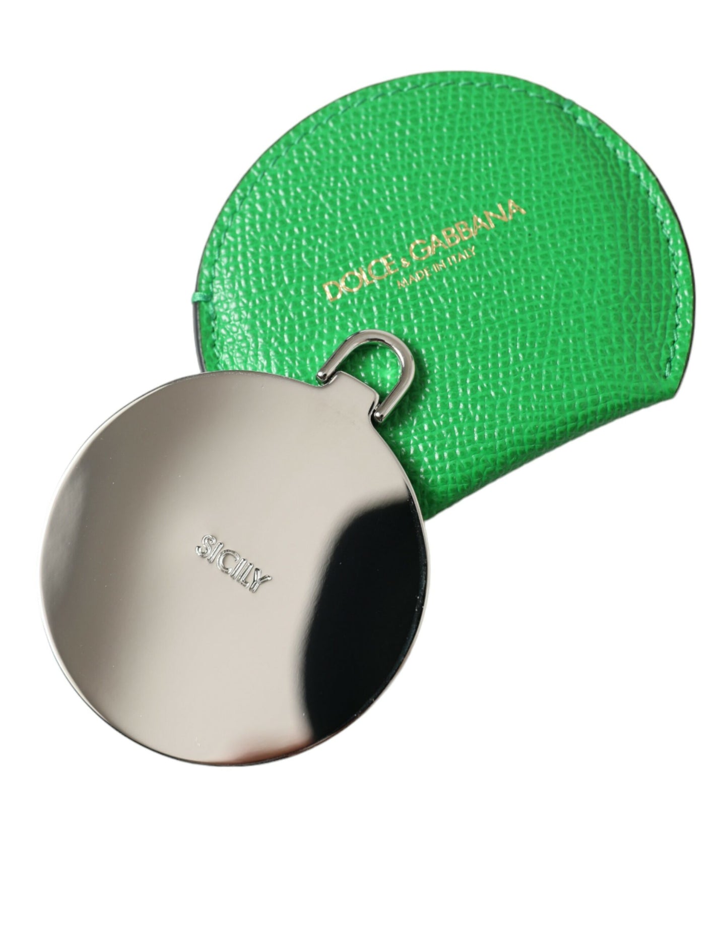 Green Calfskin Leather Round Logo Hand Mirror Holder