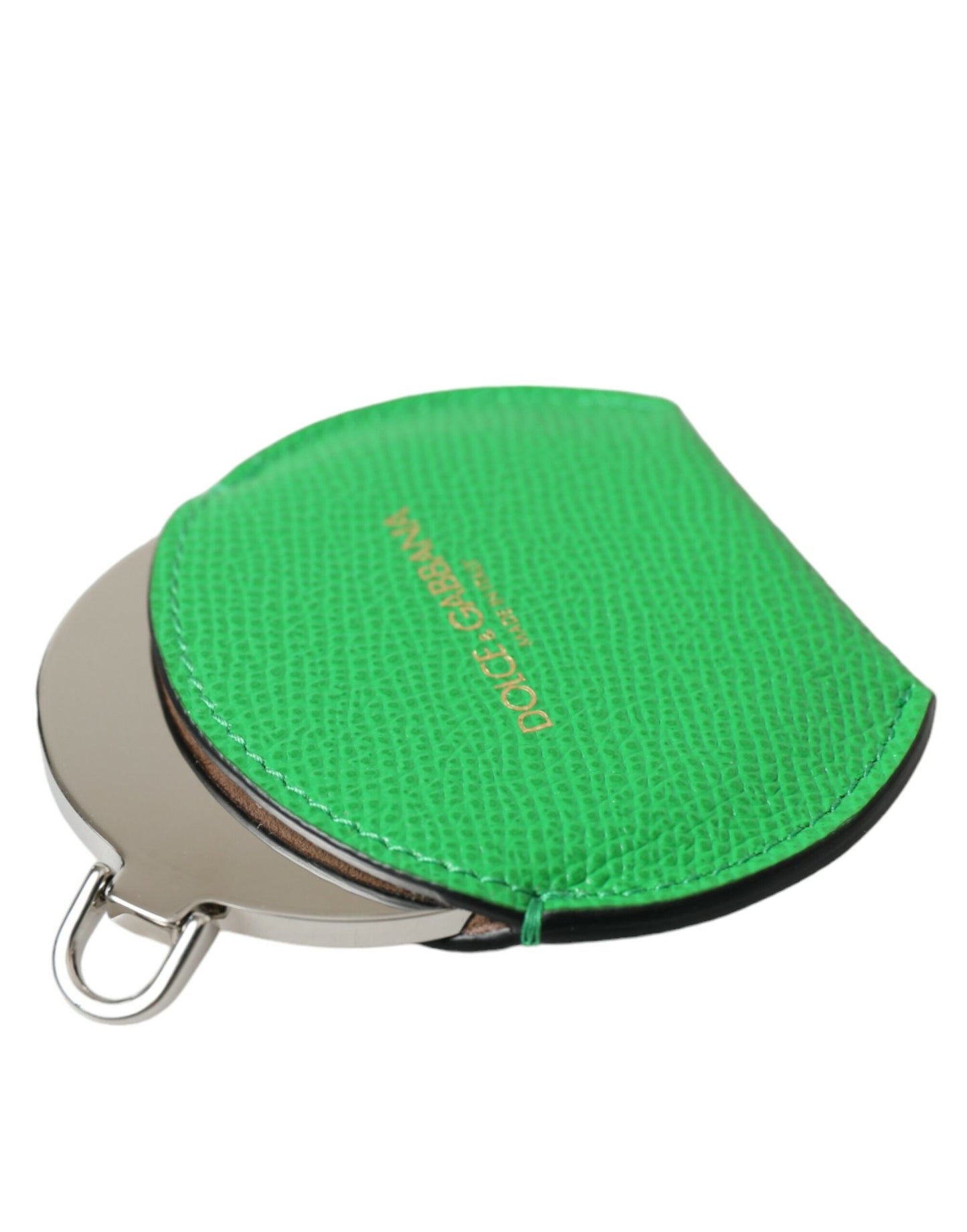 Green Calfskin Leather Round Logo Hand Mirror Holder