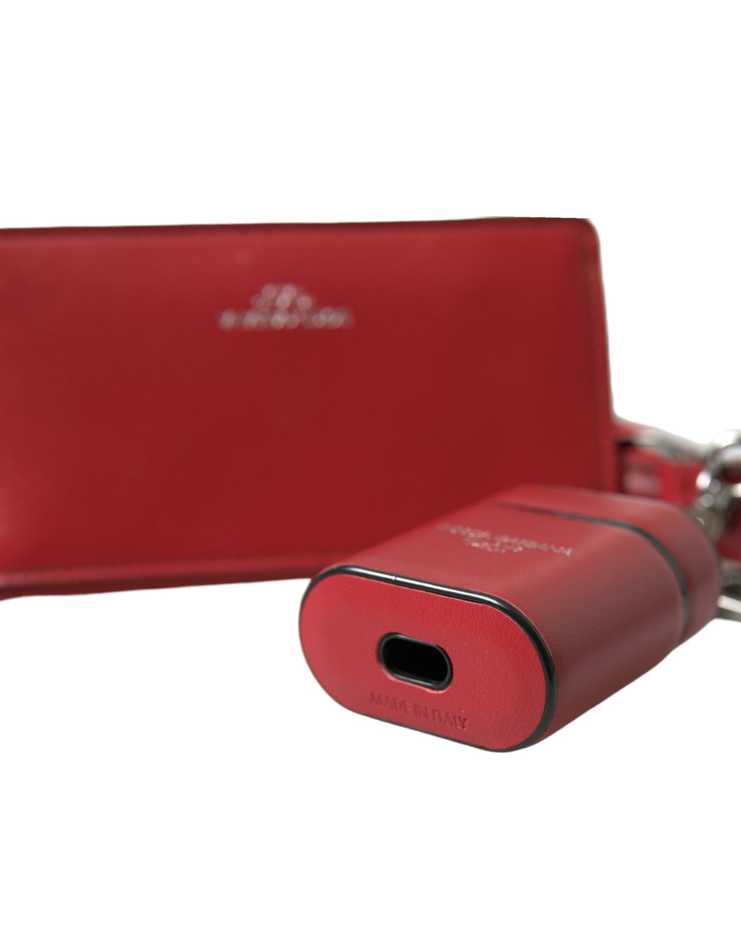 Red Leather Silver Metal Logo Strap Pouch Airpods Case