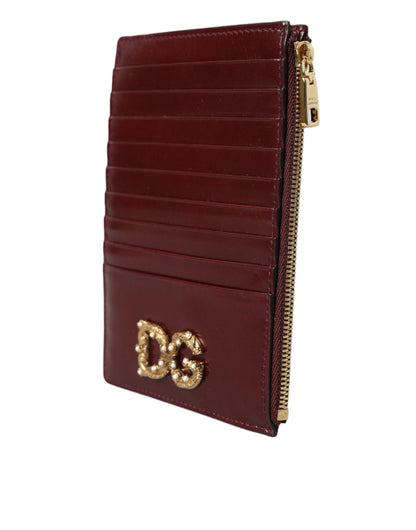 Maroon Leather DG Amore Zip Card Holder Wallet