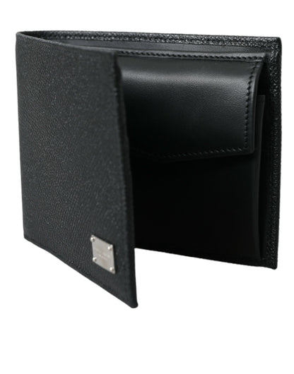 Black Calfskin Leather Bifold Card Holder Logo Wallet