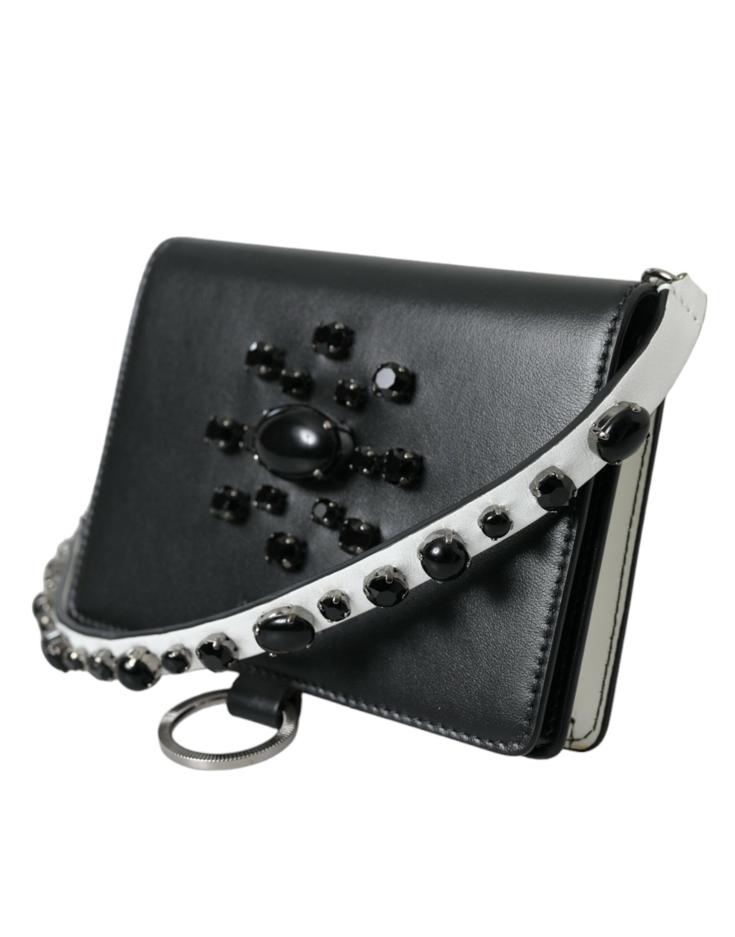 Black White Leather Crystal Embellished Cardholder Wallet