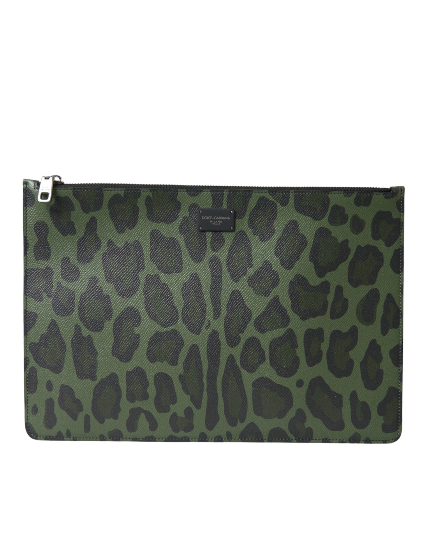 Green Logo Patch Leopard Leather Clutch Bag