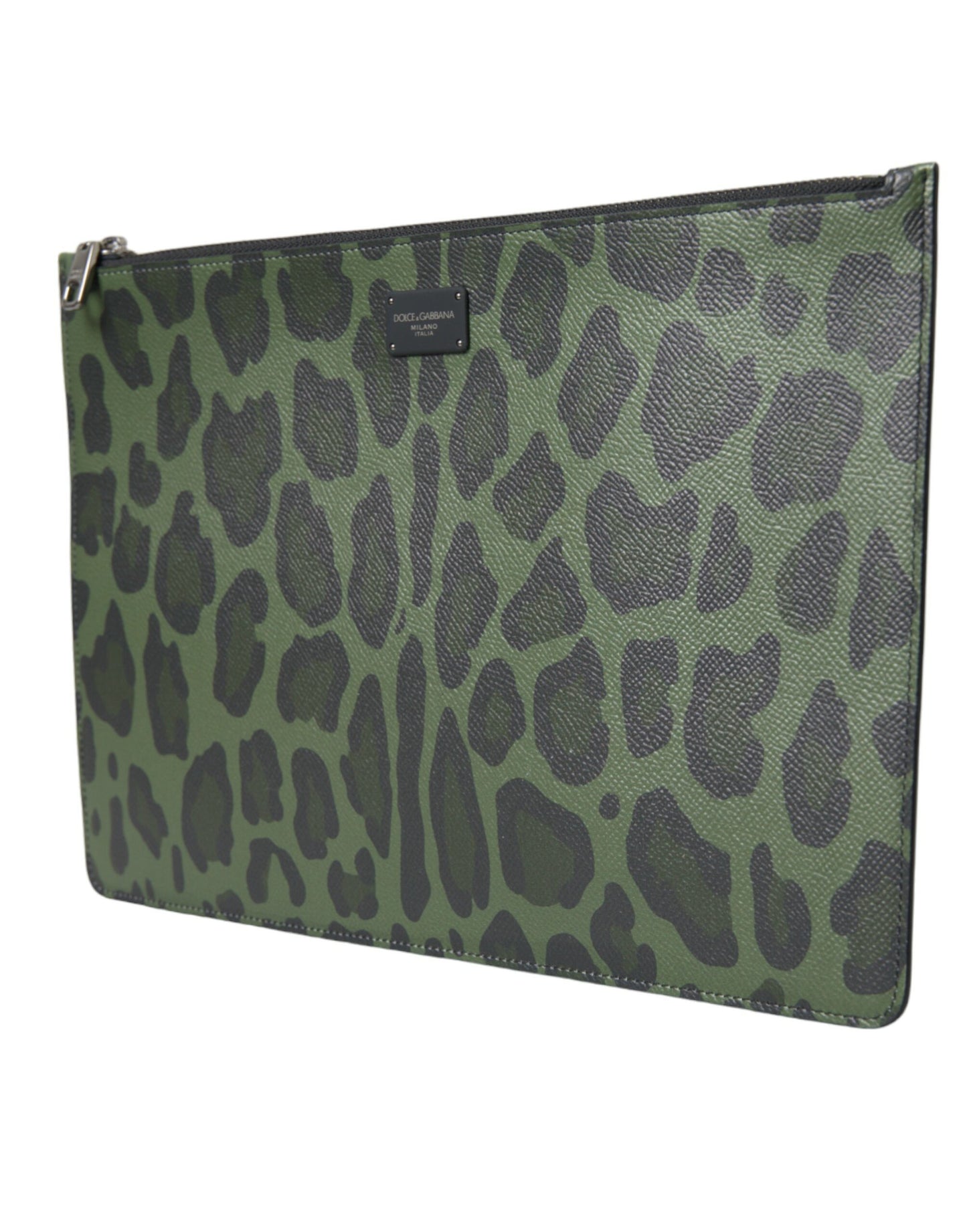 Green Logo Patch Leopard Leather Clutch Bag