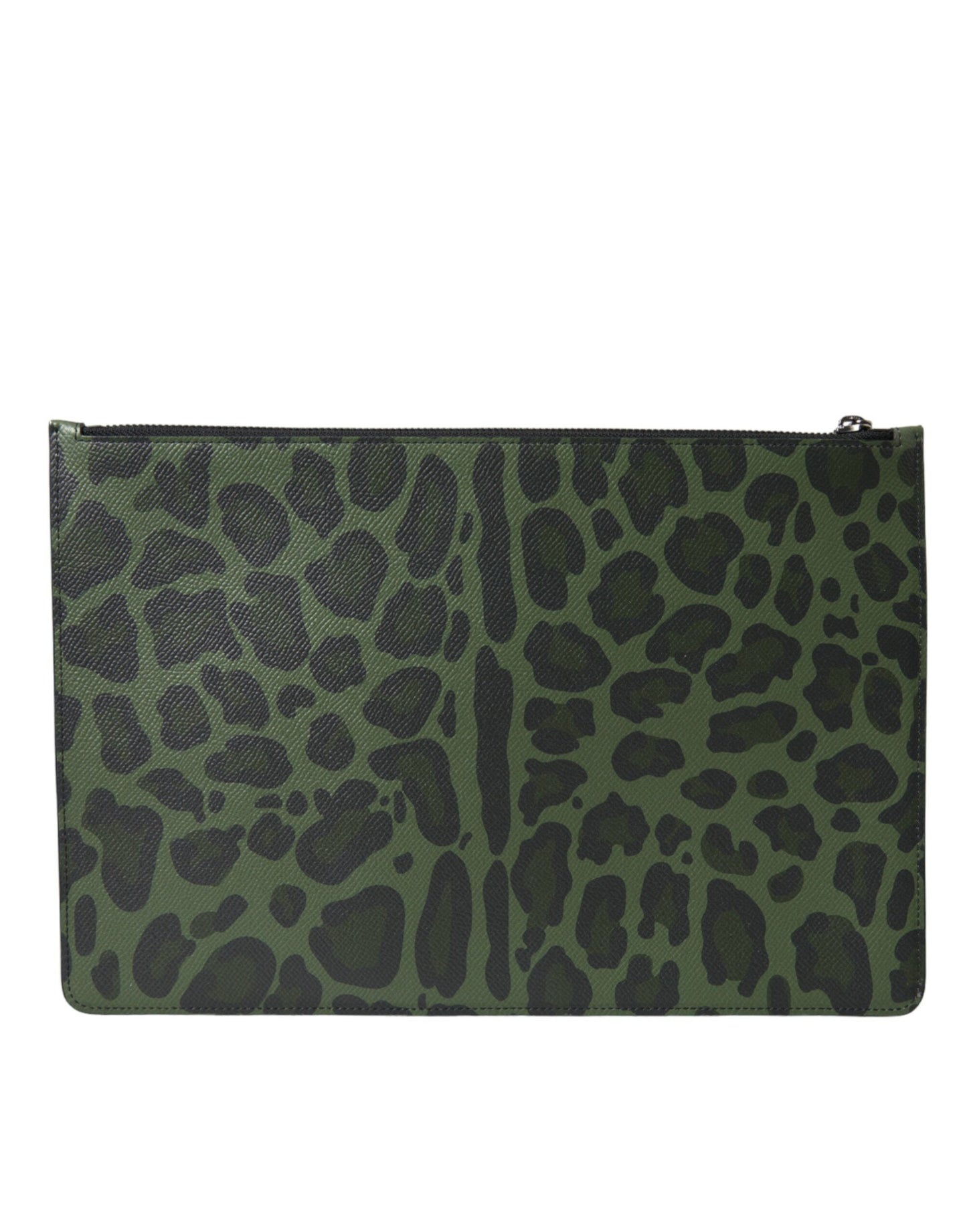 Green Logo Patch Leopard Leather Clutch Bag