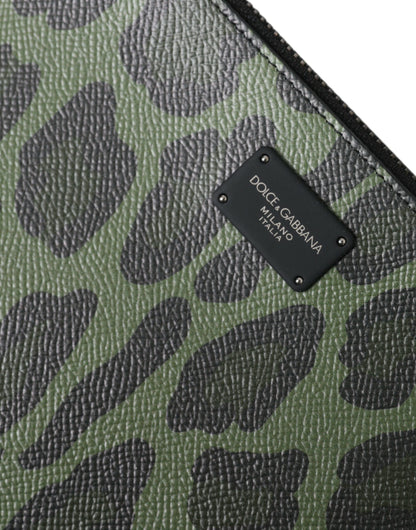 Green Logo Patch Leopard Leather Clutch Bag