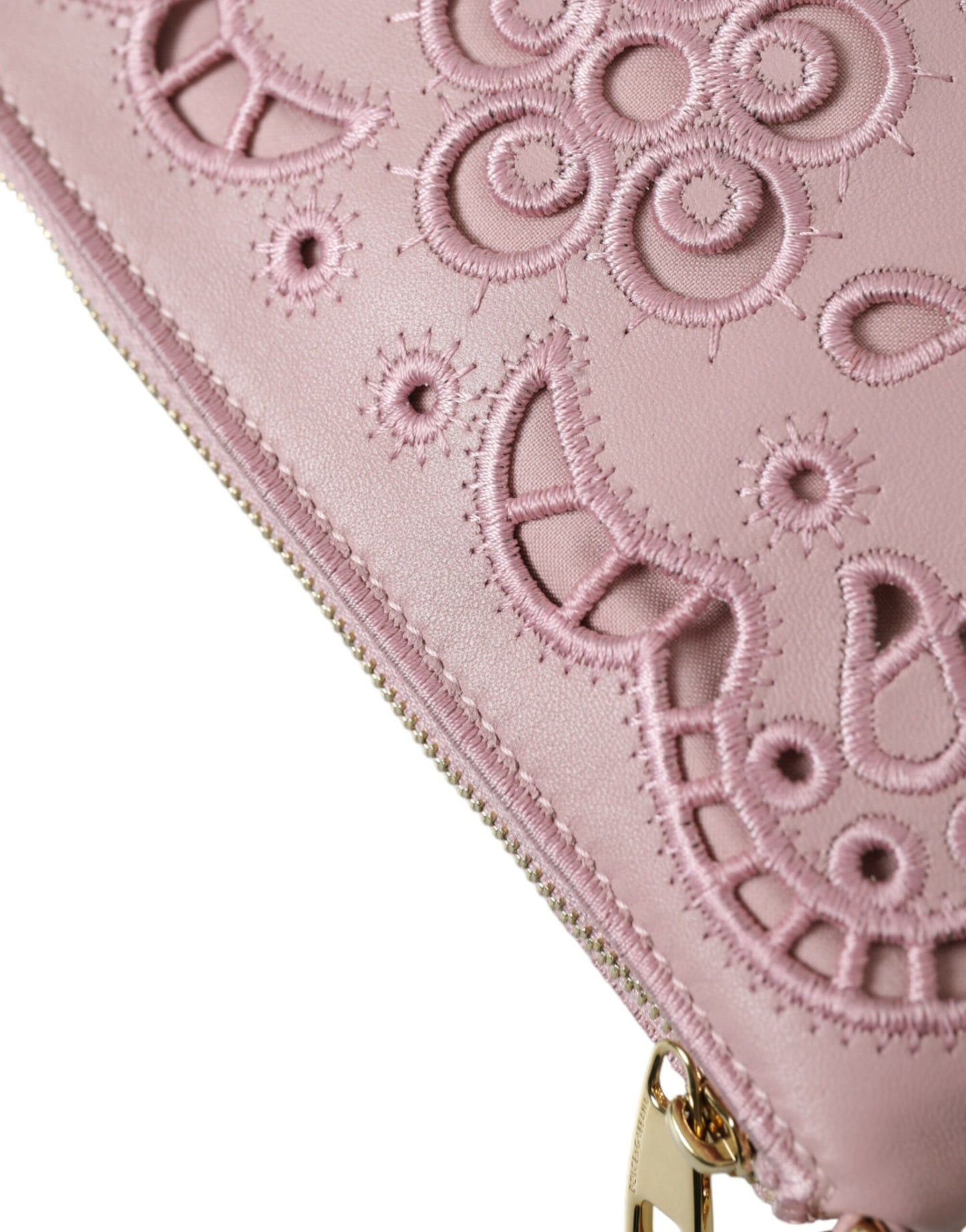 Pink Floral Embroidered Leather Chain Clutch Bag