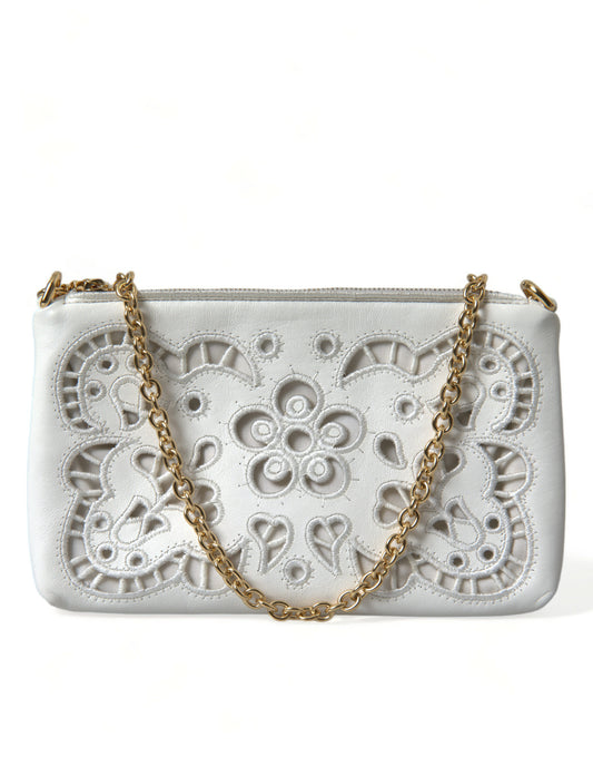 White Floral Embroidered Leather Chain Clutch Bag