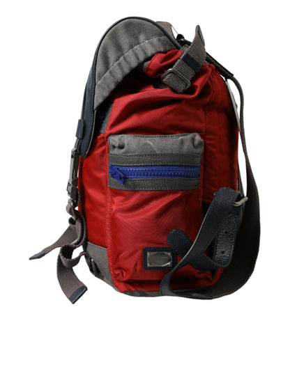 Red Gray Nylon Leather Rucksack Backpack Bag