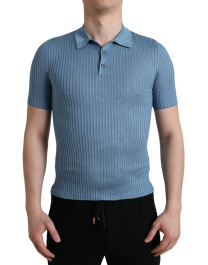 Sky Blue Henley Silk Short Sleeves T-shirt