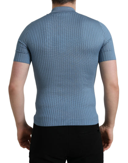 Sky Blue Henley Silk Short Sleeves T-shirt