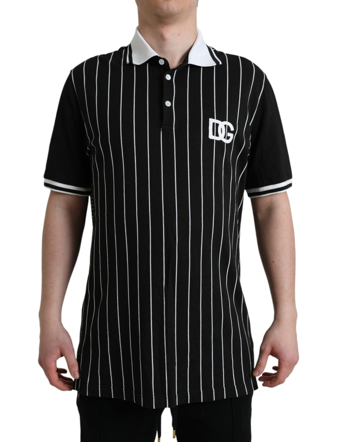 Black White Stripes Logo Collared Polo T-shirt