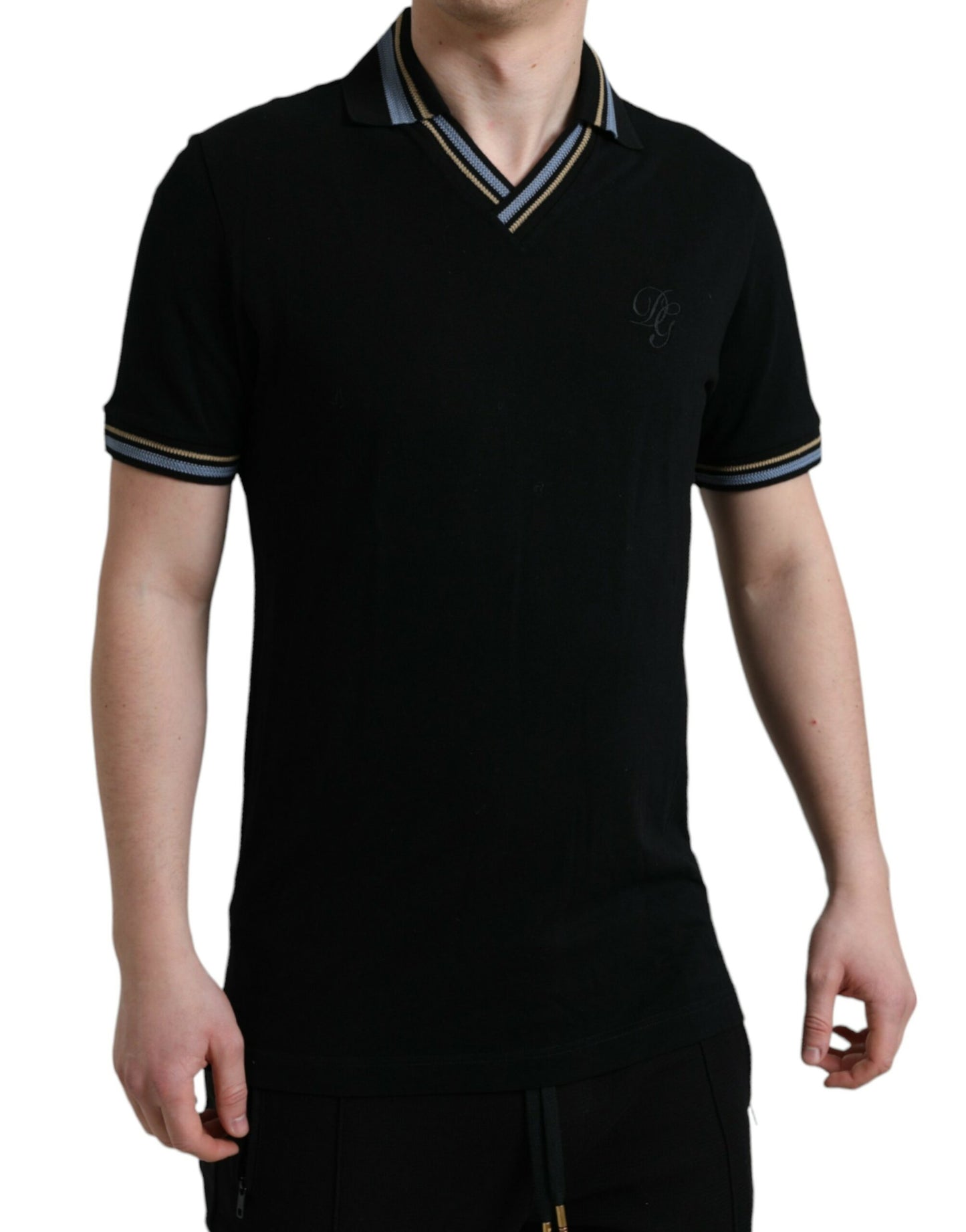 Black Cotton Collared V-neck Polo T-shirt