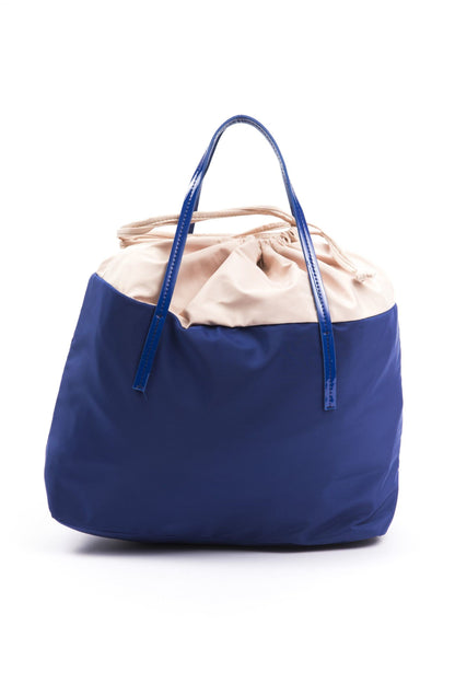 Chic Blue Fabric Shopper Tote with Patent Accents