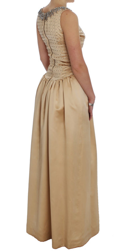 Beige Crystal Embellished Full Length Dress