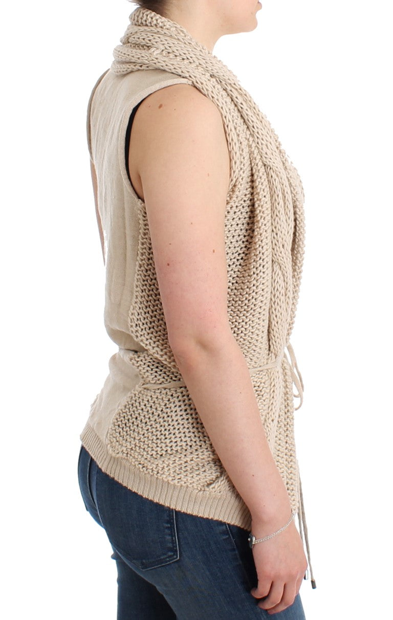 Beige V-Neck Belted Knit Vest