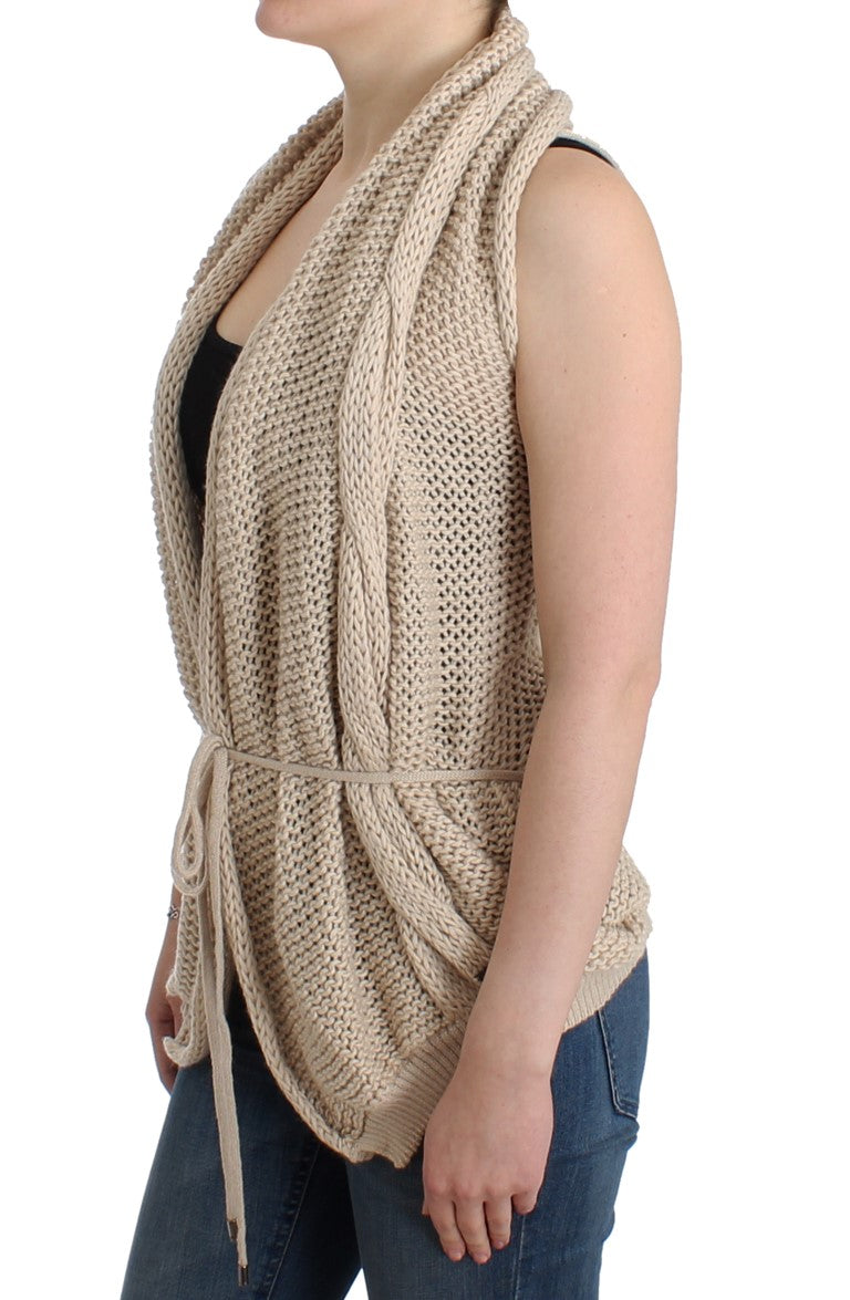 Beige V-Neck Belted Knit Vest