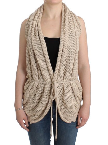 Beige V-Neck Belted Knit Vest